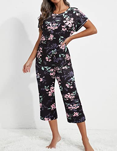 Ekouaer Women's Sleepwear Summer Capri Pajama Sets Short Sleeve Tops With Capri Pants Two-Piece Pjs Lounge Sets Black Flower Xl #TOP1