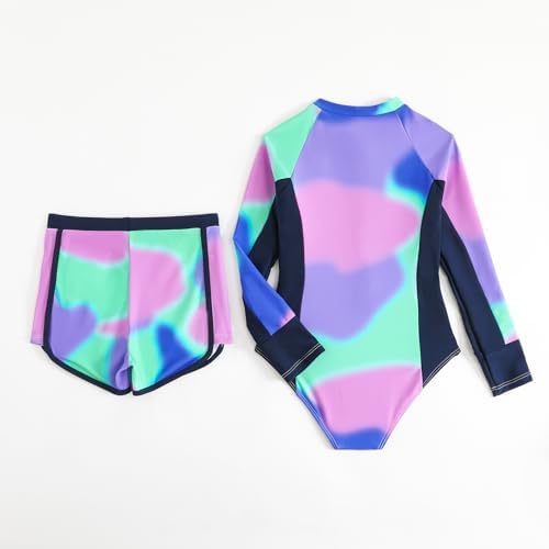 JiAmy Badpak voor meisjes, tweedelige set met lange mouwen en korte broek, tie-dye bedrukt zwemkostuum voor tienermeisjes van 8-13 jaar, Paars, 9-10 jaar
