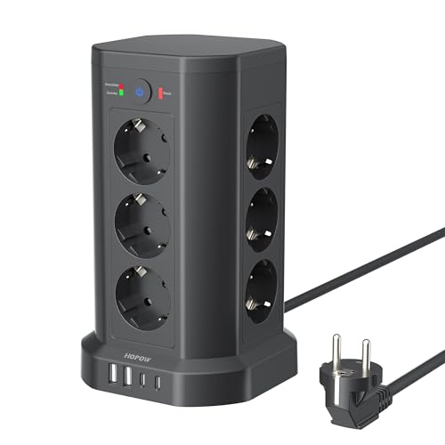 12 Fach Steckdosenleiste mit USB, Mehrfachsteckdose mit 1 Schalter Steckdosenleiste((3680W 16A), 1.5M Verlängerungskabel, 1050J Überspannungsschutz Steckdosenturm für Büro Heim