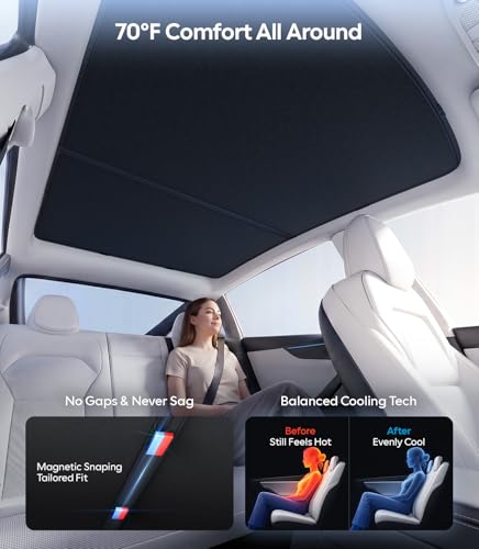 Image of Wigoo Tesla Model Y Sunshade Roof [Never Sag, Nano Ice-Crystal Coatings] 3-Gen Heat Insulation Glass Roof Sun Shade, Accessories for Tesla Model Y 2020~2025, Black