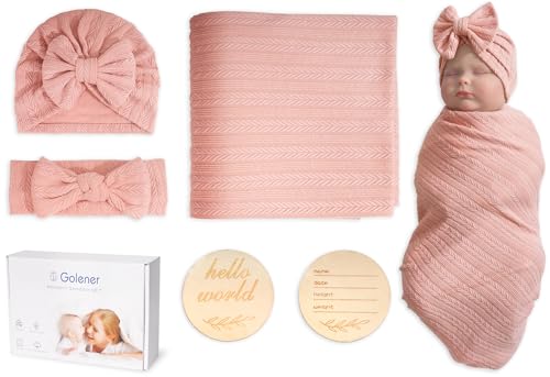 Image of Baby Blankets,5PCS Security Blanket for Babies - Swaddle Adjustable Wearable Blanket, 5pcs Newborn Accessories Set with Hello World Wooden Birth Announcement Card, Baby Blankets for Girls&Boys (Pink)