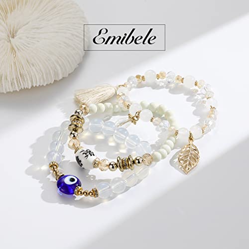 Emibele Bohemian Crystal Bracelet Set, Stackable Boho Glass Bead Bracelet, Evil Eye Bracelet For Women Girls, Summer Beach Charm Bracelet Jewelry Set, White+Gold #TOP4