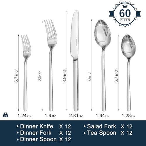 Image of KINGSTONE Silverware Set for 12, 60 Piece 18 /10 Stainless Steel Flatware Utensils Cutlery Set, Mirror Polished, Dishwasher Safe, Knife Fork Spoon for Home Restaurant Wedding Housewarming