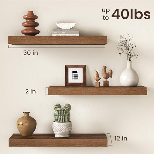 Image of 30Inch Floating Shelves for Wall, 12 Inch Deep Shelves for Bedroom, Kitchen, Bathroom Wall Mounted, Rustic Wood Floating Shelf with Invisible Brackets for Books, Storage, Decor, Rustic Brown, 2 Packs