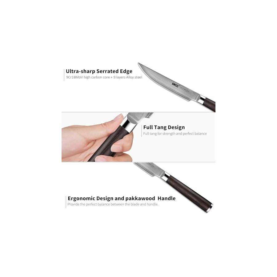 AMSZL 5.5" Steak Knives set of 4, 9Cr18MoV Clad Steel Core Forged Straight Edge Steak Knife - Pakka Handle - Gift Box