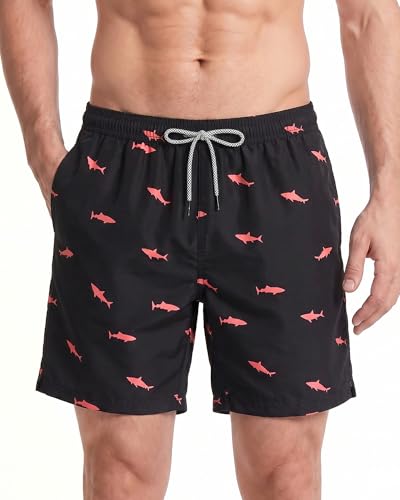 maamgic Ropa de Baño para Hombres Bañador para Vacaciones Short de Playa Natación Secado Rápido Piscina Ancla,Negro Tiburón Rojo,M