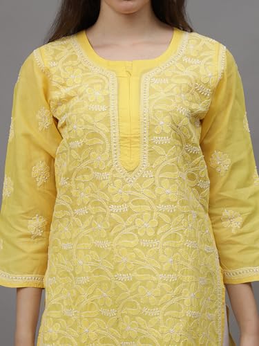 Image of Seva Chikan Hand Embroidered Lucknowi Chikankari Yellow Terivoil Cotton Kurta for Women SCL4520