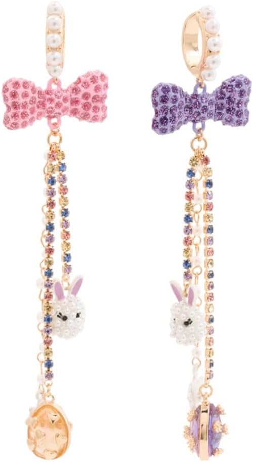 Betsey Johnson Easter Bunny Drop Earrings, Crystal Bow Design, Mismatched Pink and Purple