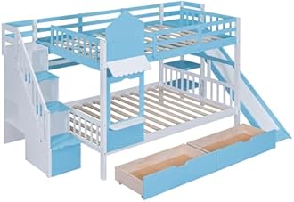 Full-Over-Full Bunk Beds Castle Style Bunk Bed with 2 Drawers 3 Shelves and Slide - Blue