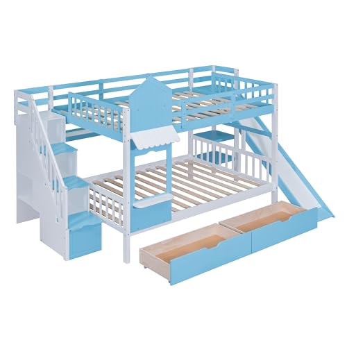 Full-Over-Full Bunk Beds Castle Style Bunk Bed with 2 Drawers 3 Shelves and Slide - Blue