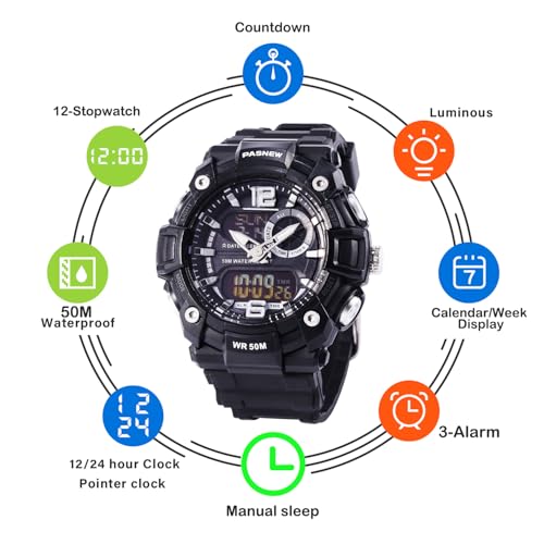 Image of PASNEW Boys' Watches - Dual Display, Large Dial Sport Watch, Black Outdoor Watch for Boys & Teens - Waterproof