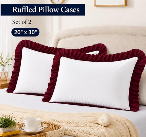 Image of Ruffled Pillow Cases Dule Tone Set of 2, Chocolate - Pillow Shams Brushed Microfiber Edge Ruffled Soft Pillow Cover with Envelope Closure for Bedding Decor 20 inch x 30 inch