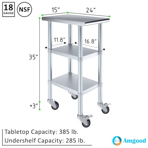 Image of AmGood Stainless Steel Work Table with 2 Shelves and Casters | Metal Utility Table On Wheels (Stainless Steel Work Table with 2 Shelves + Casters, 15 inch Long x 24 inch Deep)