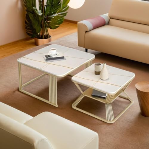 Image of Stacking Tea Tables in White and Gold with a Black Metal Frame and an Open Storage Shelf for a Modern Marble Look Coffee Table or Sofa Center Tables with Set of 2 (White Gold)