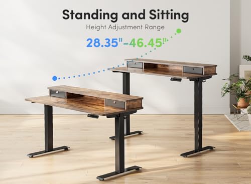 FEZIBO Height Adjustable Electric Standing Desk with Double Drawer, 120 * 60cm Stand Up Table with Storage Shelf, Sit Stand Desk with Splice Board, Black Frame/Rustic Brown Top