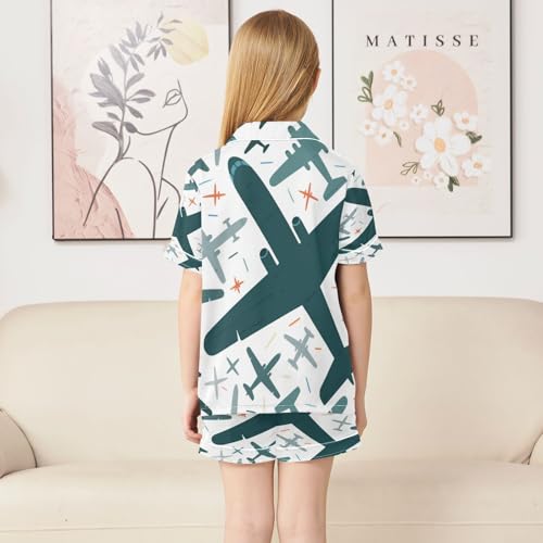 Satin Pajama Sets Short Sleeve Airplane Pattern with Stars Background Button Down Silky Nightwear 2 Piece PJS 5-14Y4