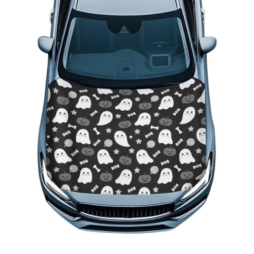 Image of Cute Ghost Pumpkin Print Car Hood Cover Protector 59x39 Inch Stretchable Auto Hood Wraps Waterproof Halloween Automotive Exterior Accessories for Most SUV Sedans Trucks
