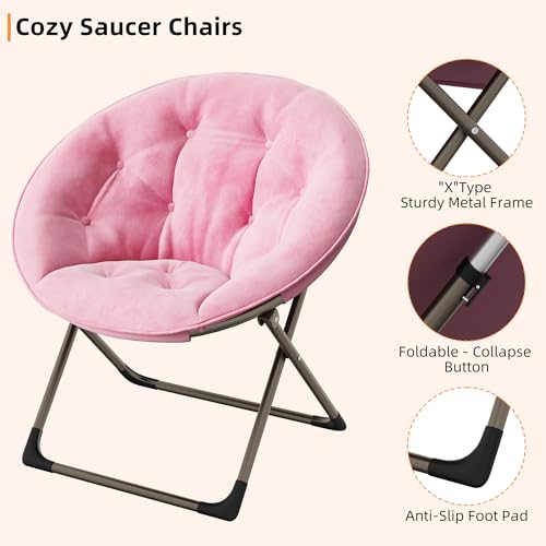 Saucer Chair, Comfy Chair Faux Fur Lounge Moon Chair with Folding Metal Frame, Oversized Plush Foldable Flower Accent Seat for Adults, Teens, Bedroom, Dorm or Living Room(2PCS, Pink)