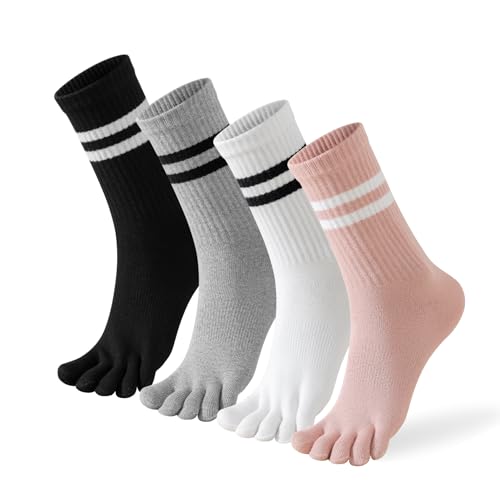 Toe Socks Women Five Fingers Crew Socks for Running Athletic Hiking Comfort Toe Separator Barefoot Sock 4 Pairs