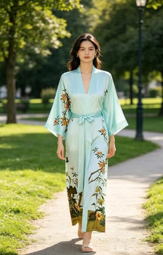 Image of Women's Classic 100% Silk Kimono Robe, Bathrobe-Printed Pattern