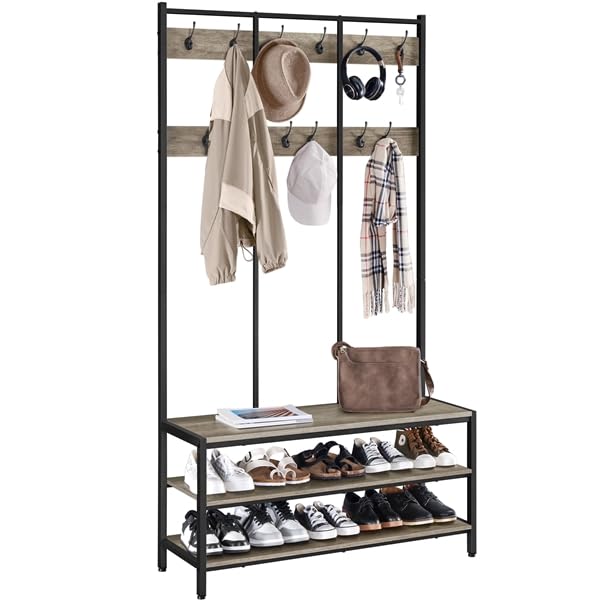Yaheetech Grand Portemanteau, Meuble d'entrée avec 2 Étagères et Banc à Chaussures, 12 Crochets...