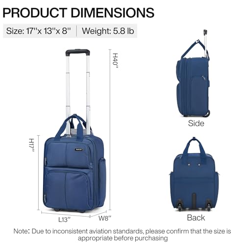 Hanke Softside Underseat Carry On Luggage with Wheels,Travel Luggage Rolling Bag Small Suitcase，Blue, Underseater 16-Inch3
