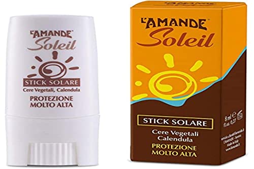 L'AMANDE - Soleil Crema Solare Viso 50+ Stick con Vitamina C, per Labbra, Tatuaggi, Nei, Vitiligine alla Camomilla, Idratante Viso contro le Scottature - 9 ml