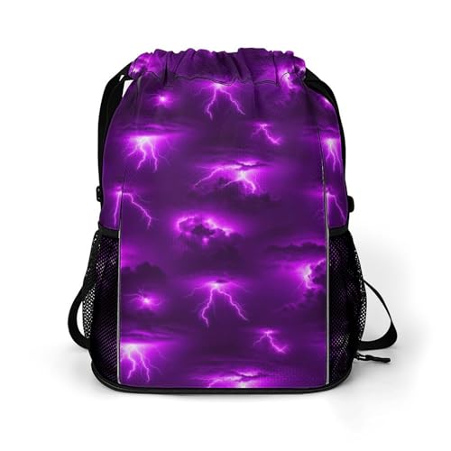 CFZZNYESQF Fashion Waterproof Purple Lightning Drawstring Bag, Backpack Easy to Storage, Pull String Bags for Travel Sports Gym Beach Outdoor