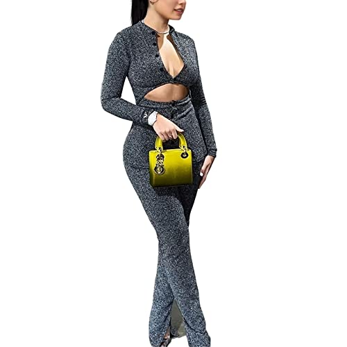 Womens 2 Piece Outfits Hollow Out Casual Lady Business Suits Button Long Sleeve Cardigan Tops,High-Waist Slim Fit Pants Set