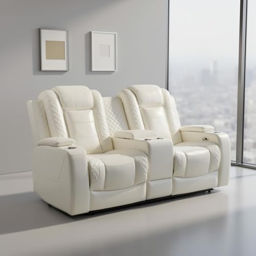 Image of Leather Recliner Loveseat Set, Power Leather Sectional Set with LED Light, Living Room Furniture Sets 2 Seats, Power Reclining Sofa Sets with Storage Console /Cup Holder for Living Room