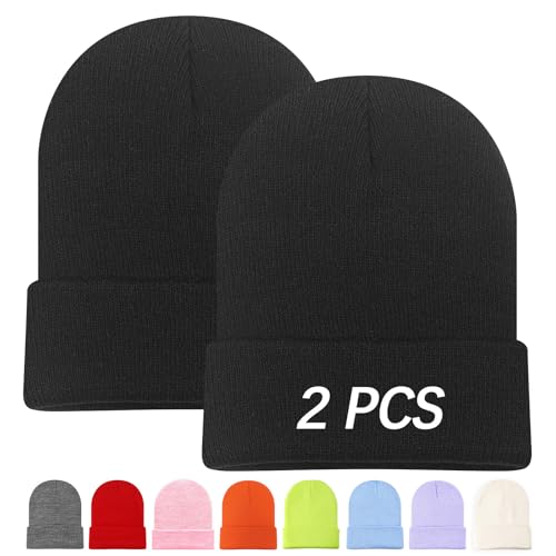 DASSNANE 2 PCS Black Beanies Hats Men Beanie for Women Winter Knitted Hat Stocking caps Multiple Colors Available Elasticity Soft Ski Hat Warm Blank Black