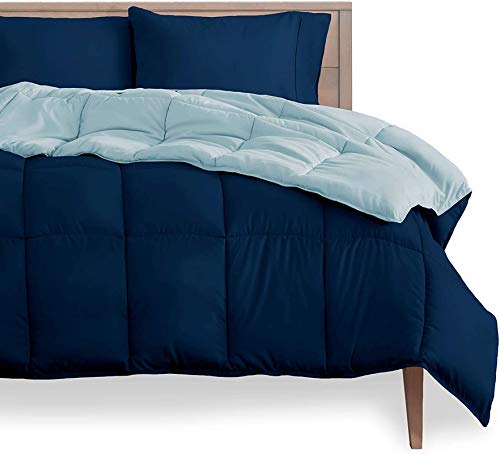 Soft Microfibre Comforter Blanket Lightweight Reversible Quilt Duvet All Weather, 200 GSM Single Bed, Light Blue and Navy Blue Color-image-11