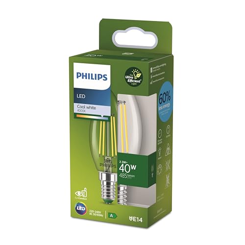 Philips   Bombilla LED tipo vela Philips Ultra Eficiente, Casquillo E14 2.3W   485 Lúmens, Luz Blanca Fría (4000k)