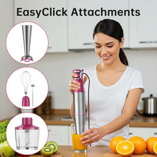 Image of Turelar Immersion Blender Handheld Corded Hand Blenders Set 1100W, Trigger Variable Speed 5 in 1 Stick Emulsifier with Chopper, Whisk and Frother for Soup, Baby Food and Smoothies, Rose Red