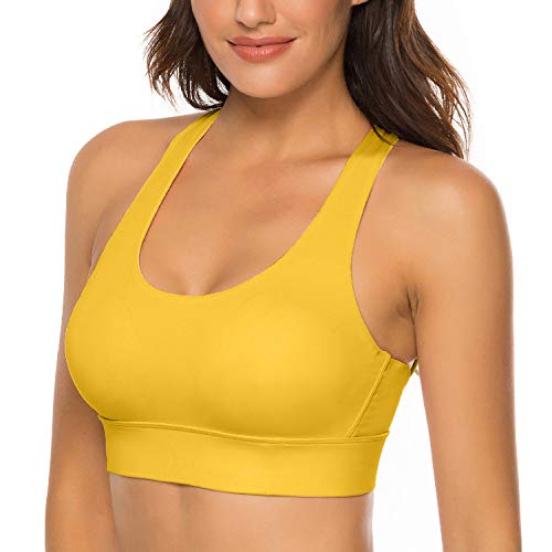 nine bull Sports Bras for Women, Criss-Cross Back Sports Bra Strappy Bras for Sports Longline Padded Medium Support Yoga Bra Top with Removable Cups Yellow L - Image 3
