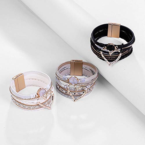 Renyilin Women Wrap Bracelet Boho Multilayer Leather Bangle Wristband Heart-Shaped Cuff Magnetic Clasp Jewelry Gift (White) #TOP3