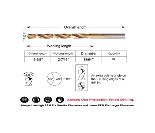 Drillforce Hss Jobber Length 10 Pcs,13/64" X 3-5/8"Titanium Coated Twist Drill Bits, Metal Drill, Ideal For Drilling On Mild Steel, Copper, Aluminum, Zinc Alloy Etc. Pack In Plastic Bag (13/64) #TOP1