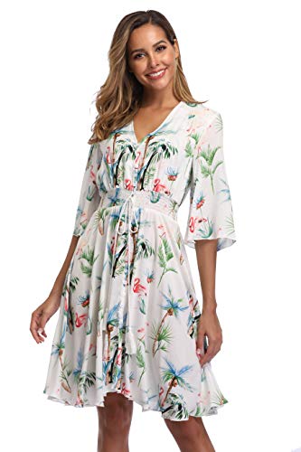 Image of VintageClothing Women's Floral Sundresses Flowy Boho Summer Beach Dress | Lightweight Breathable material,Elegant V Neck and Button Front Design,Flared Bell Sleeve Cut,Mini Casual dress