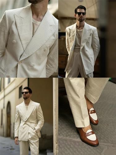 Seersucker Slim Suits for Men Casual Summer Beach Wedding Grooms 2 Piece Blazer Pants Party Striped Suit Sets4