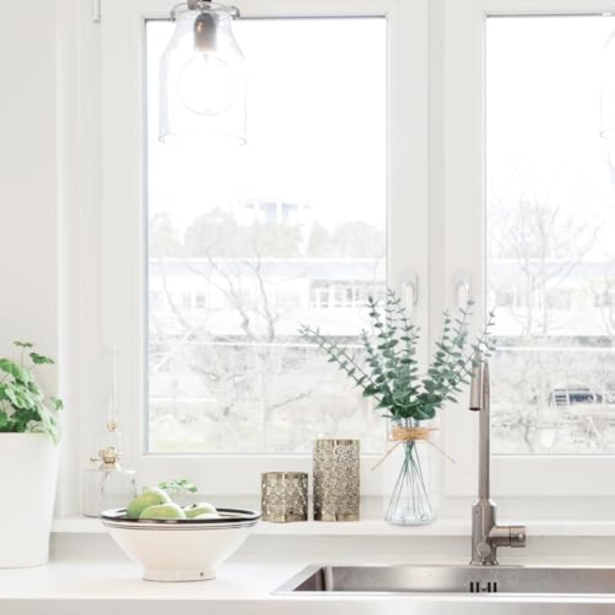 Artificial Eucalyptus Stems in Glass Vase for Home Decor