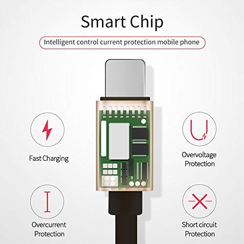 Diagram of a smart chip with icons for fast charging, overvoltage protection, overcurrent protection, and short circuit protection