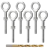 Sutekus 1/4' x 3' Eye Bolt T316 Stainless Steel Shoulder Lifting Ring Threaded Eyebolts with Nuts Washers and Drill Bit, 6pack, Silver