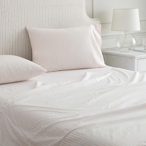 Image of Martha Stewart - Queen Size Sheets Set, Crisp & Tailored Cooling Sheets with a Smooth Cotton Percale Lightweight Feel - Bed Sheets with Matching Pillowcases & Fitted Sheet (Ticking Stripe Pink)
