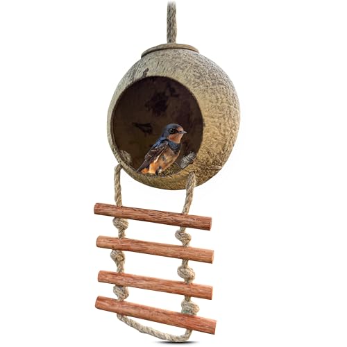 Namture 1er-Pack Handgefertigtes Kokosnuss-Vogelhaus Recycelte Kokosnussschale Vogelfutterstation im Leiterstil Wetterfester Nistkasten für kleine Vögel Reptilien Gartenliebhaber