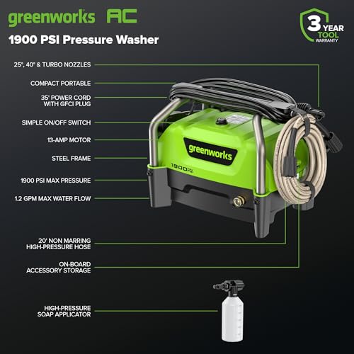 Image of Greenworks 1900 PSI (1.2 GPM Max) Electric Pressure Washer (25, 40, Turbo Nozzle, Soap Applicator) Ideal for Cleaning Cars, Trucks, Boats, Outdoor Patio Furniture, Decks, and Windows