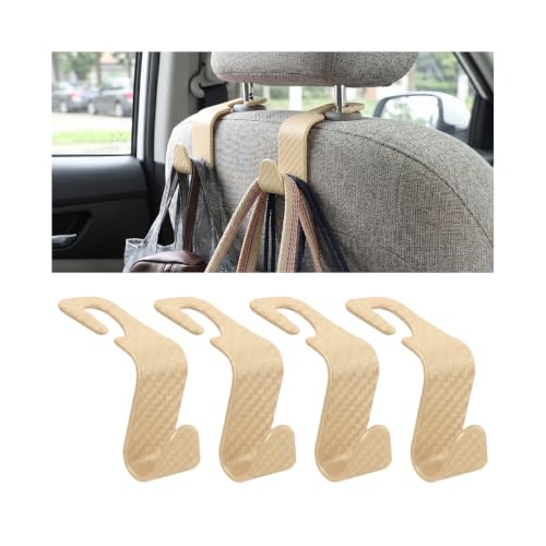 Image of 4PCS Car Seat Headrest Hooks, Auto Back Seat Hanger Holder, Durable Stylish Vehicle Organizer Universal Car Interior Accessories, Storage Hooks for Purses, Bags, Clothes (Carbon Fiber /Beige)