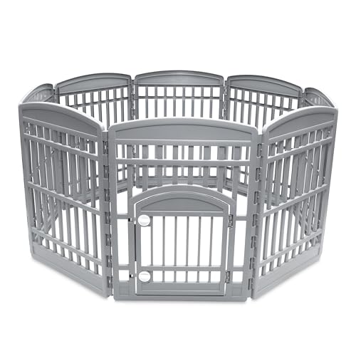 Iris Ohyama Parque para Perros con 8 Paneles, H90cm, Gris, Puerta Cerradura, Jaula Gatos, Vallas, Corralito, para para Interiores, Exteriores, Conejo, Cercado, Corral Perro, Mascotas, CI-908