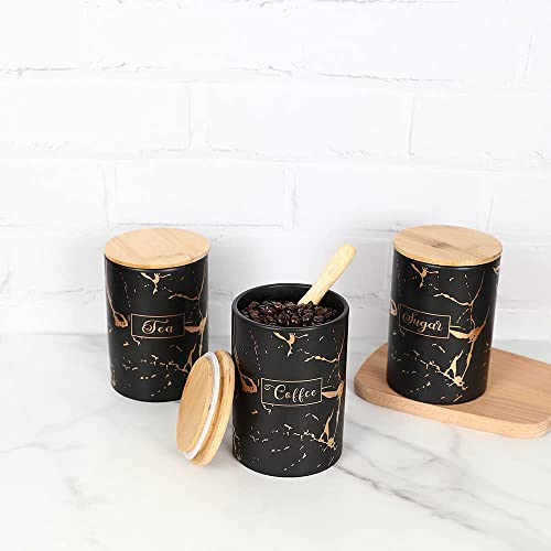 Black Kitchen Ceramic Canister Set - 1178 Ml(39.83 Oz) Airtight Set Of 3 Coffee Sugar Tea Storage Canisters Food Storage Containers Pots Jars With Bamboo Lid For Farmhouse Kitchen Counter #TOP3