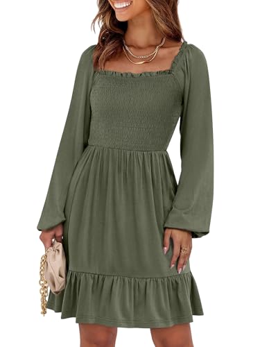 ANRABESS Womens Long Lantern Sleeve Square Neck Dress Smocked Tiered High Waist Ruffle Flowy Swing 2025 Fall Short Dresses Army Green Medium