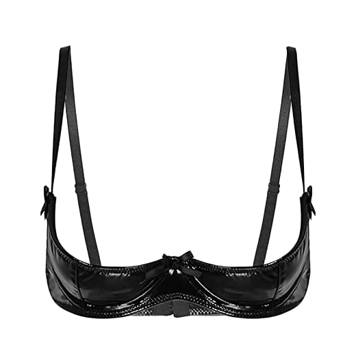 Aislor Damen Hebe BH Wetlook Ouvert Brustfrei Dessous Bikini Bra Oberteil Latex Lingerie Erotik Ungefütterte Bustier Lederoptik Reizwäsche T Schwarz L